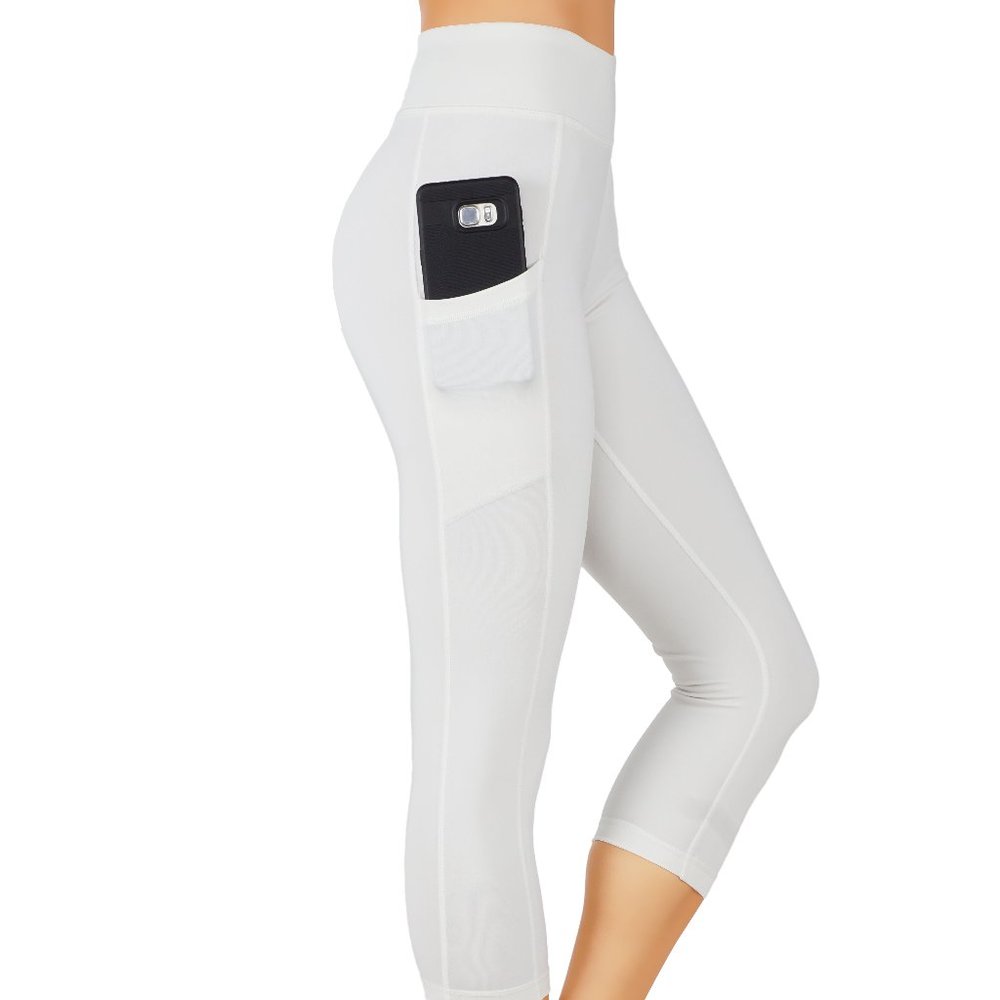 White High-Waist Capri Leggings with Side Pocket